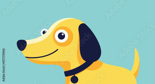 Side profile of a happy cartoon yellow dog with a dark blue collar and a friendly expression on its face.