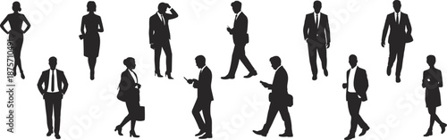 Businessperson silhouettes, professional poses, corporate icons, black vector illustration, walking figures, office attire, standing posture, mobile device use