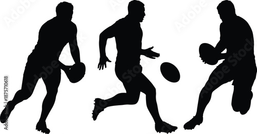 Rugby players silhouette set, running passing ball action poses, sport athlete black vector illustration isolated on white background