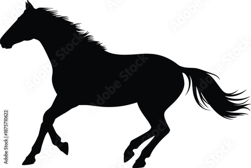 Running horse silhouette, black and white stallion in motion, wild animal equestrian symbol, beautiful speed vector illustration