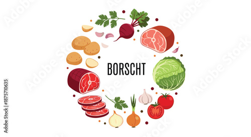 Circular arrangement of traditional borscht ingredients including meat, beets, cabbage, potatoes, and garlic.