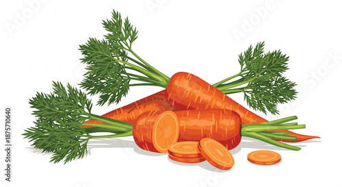 Group of fresh orange carrots with green leafy tops and several cut slices arranged on a white background.