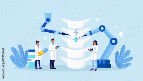 Robot arms operating healing spine backbone joint. Robotic surgery. Machine surgeon and disease diagnostics. Rheumatism, deformity, vertebral inflammation treatment. Medical technologies innovation