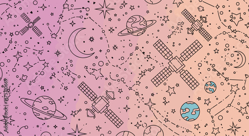 Intricate space exploration pattern with planets, satellites, moons, and constellations on a gradient background.