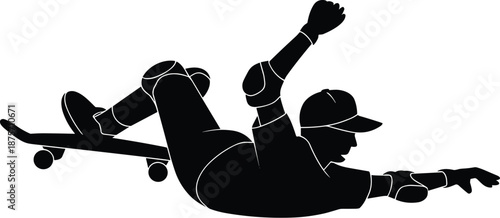 Skateboarder fall silhouette, extreme sport accident, skater crashing on ground, protective gear, black icon, isolated white background