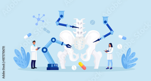Robot arms operating healing hip bone joint. Robotic surgery. Machine surgeon and disease diagnostics. Spine backbone disease diagnostics. Medical technologies innovation for  pelvic injury treatment