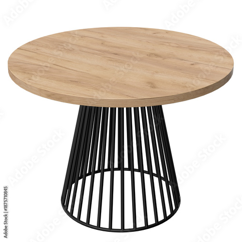 Round loft-style table with a wooden tabletop and metal legs. A stylish interior element suitable for kitchen, dining room, office visuals, and modern interior design projects.