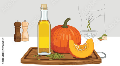 Pure pumpkin seed oil in a glass bottle displayed with a fresh whole pumpkin and scattered seeds on a wooden board for cooking.