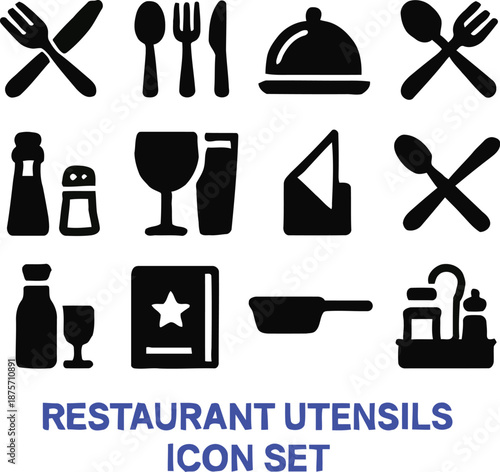Restaurant Utensils Icon Set for Culinary and Hospitality Businesses, Featuring Cutlery, Dishes, and Kitchenware for Menus and Signage