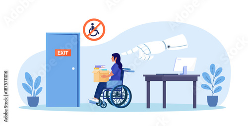 Artificial Intelligence AI robot is replacing disabled person. People was dismissed. Work discrimination of employee with disability. Job loss due to technological progress. Robotic process automation