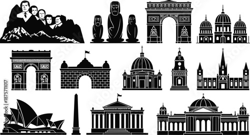 World landmarks silhouette set, famous monuments and buildings collection, travel tourism icons, black and white vector illustration