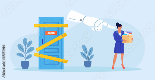 Artificial Intelligence is replacing person. Employee was dismissed by ai robot. Unemployment, job loss due to technological progress, layoffs. Automated labor. Robotic Process Automation