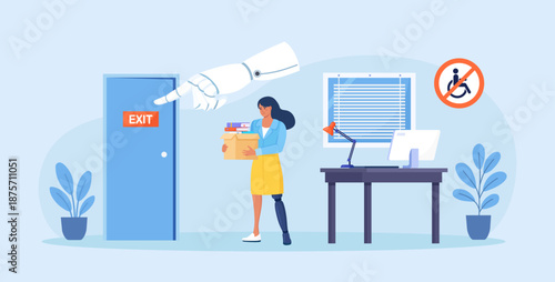 Artificial Intelligence AI robot is replacing disabled person. People is fired. Work discrimination of employee with disability. Job loss due to technological progress. Robotic process automation