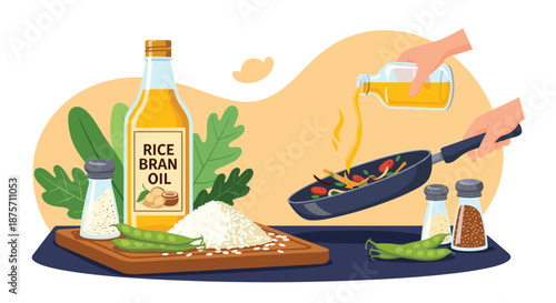 Rice bran oil bottle next to rice grains and beans with a chef pouring oil into a hot frying pan for a stir fry meal.