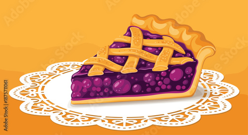 Delicious slice of blueberry pie with a lattice crust placed on a white lace doily against a warm yellow background.