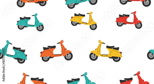 Seamless pattern of retro motor scooters in various colors like red, yellow, and blue scattered across a white background.