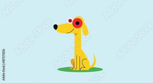Cheerful yellow cartoon dog with large red and black eyes sitting on a patch of green grass against a light blue background.