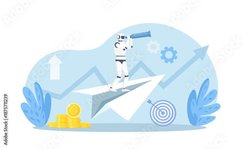 Robotic hand looking into telescope flying on paper airplane. Future business strategy and vision with AI. Artificial intelligence cyborg looking for opportunities with binocular. Analyze damage
