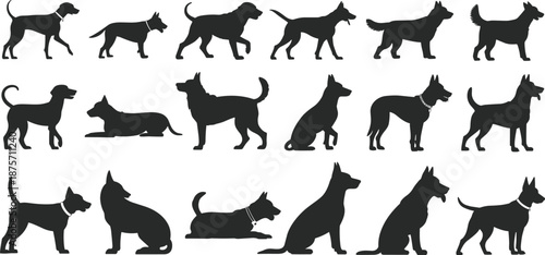 Dog silhouettes, various breeds, sitting pose, walking dogs, lying down, barking posture, black icons, vector illustration, pet design, canine diversity