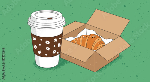 Fresh croissant inside a brown cardboard box next to a large takeaway coffee cup with a sleeve on a green background.