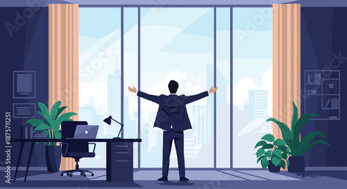 Successful businessman standing with arms wide open in front of a massive office window overlooking a modern city skyline.