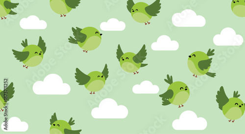 Playful seamless pattern of cute green birds flying among fluffy white clouds on a light mint green background decor.