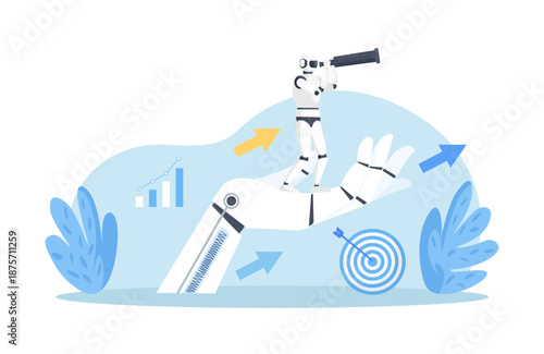 Robotic hand holds robot looking into telescope. Future business strategy and vision with AI. Artificial intelligence cyborg looking for opportunities with binocular. Analyze damage