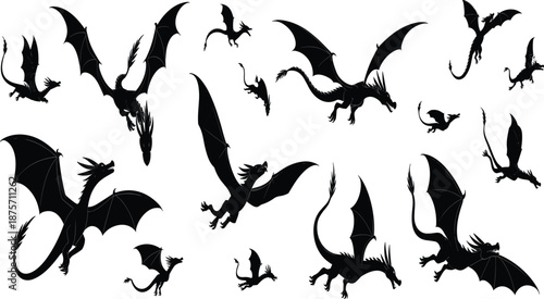 Dragon silhouettes, flying poses, black vector illustration, mythical creatures, fantasy beasts, winged reptiles, horns, claws, tail motion, dynamic design
