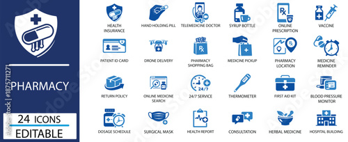 Online Pharmacy and Telemedicine Icon Set.Solid Vector Glyph Symbols for Medicine Delivery, Healthcare, and Hospital.