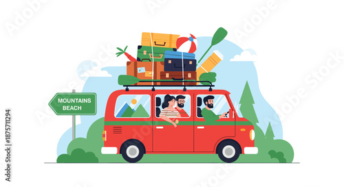 Red travel van heavily loaded with suitcases and outdoor equipment driving on a road toward the mountains or beach.