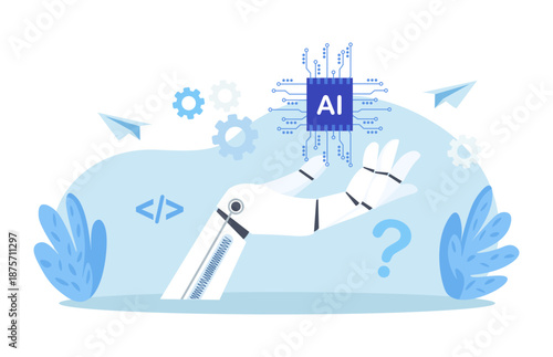 Robot hand holding microchip. Robotic arm with microprocessor. Artificial Intelligence electronics. AI semiconductor for machine learning. Chatbot assistant technology
