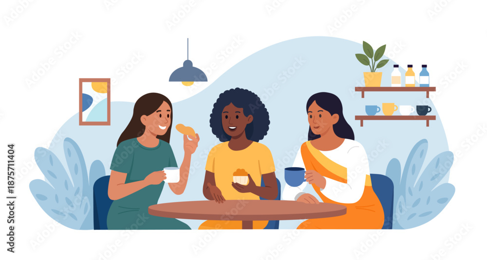 Obraz premium Cheerful and diverse group of friends are gathered around table at cafe, enjoying coffee and conversation. People are drinking tea together. Smiling women gossiping spending time at cafeteria