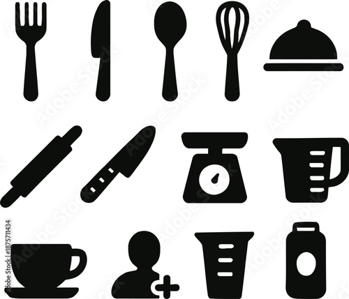 Comprehensive collection of essential kitchenware and cooking utensils, perfect for diverse food preparation needs and culinary activities, offered as versatile graphic elements
