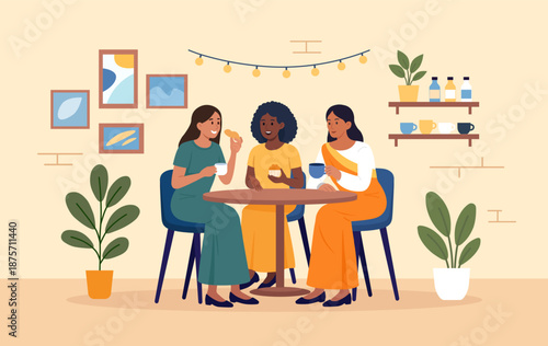 Cheerful and diverse group of friends are gathered around table at cafe, enjoying coffee and conversation. People are drinking tea together. Smiling women gossiping spending time at cafeteria