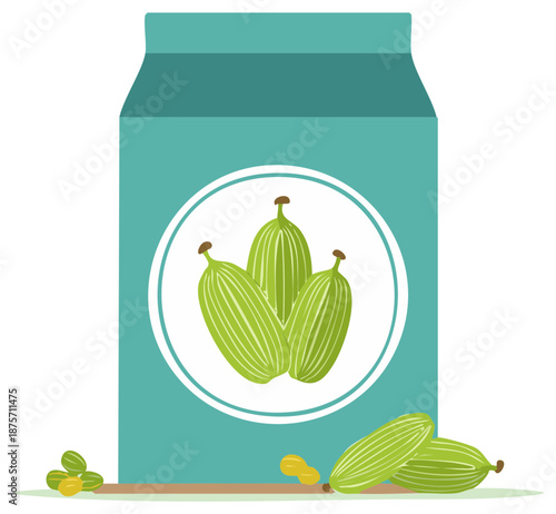 Cardamom pods on teal packaging and scattered on a brown surface, spice illustration