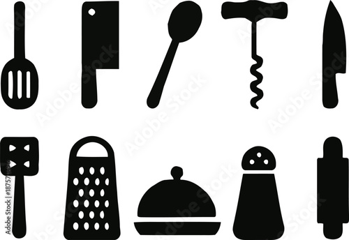 Essential kitchen utensils and cooking tools collection featuring clean silhouette icons for food preparation, culinary design, and graphic resources, ideal for various projects