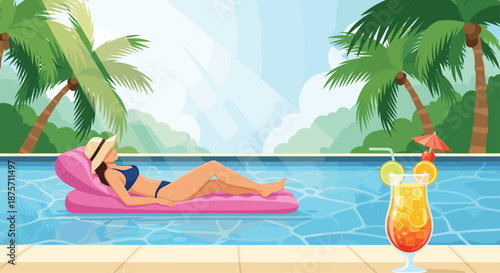 Relaxed woman in a bikini floating on a pink air mattress in a swimming pool with a tropical cocktail and palm trees.