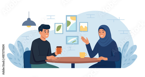 Happy young Muslim couple enjoying hot coffee together at cozy cafe table sharing pleasant and warm conversation. Social interaction and cultural diversity. Romantic meeting in cafeteria