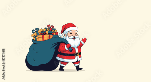 Jolly Santa Claus walking while carrying a massive blue sack overflowing with colorful wrapped gift boxes for delivery.