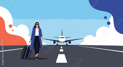 Stylish traveler woman walking on an airport runway with her suitcase while a large airplane stands in the background.