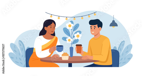 A smiling indian couple is happily enjoying coffee and conversation at a cafe table. Modern social interaction and cultural diversity. Friends meeting, people in love at date in restaurant