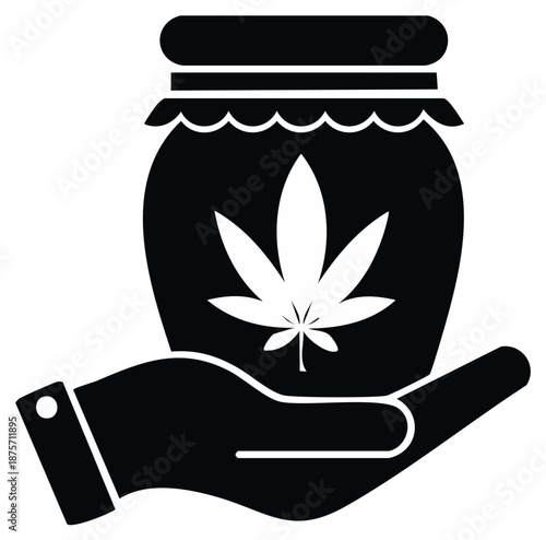 Hand Holding Jar with Cannabis Leaf Symbol Black Silhouette Style