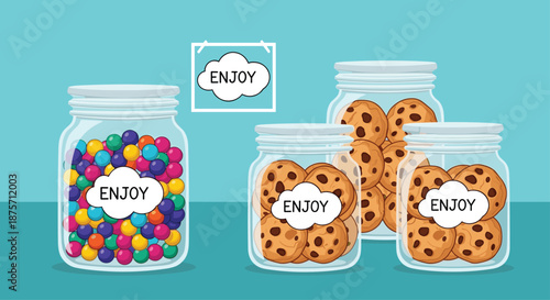 Assortment of glass jars filled with colorful candies and chocolate chip cookies are labeled with enjoy tags on a blue background.