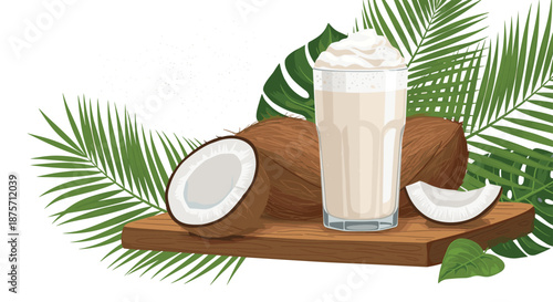 Creamy coconut milkshake topped with whipped cream is served on a wooden board with whole and halved coconuts and palm leaves.