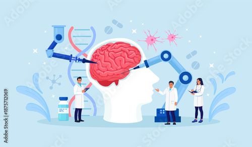 Neurosurgery robot operation. Surgeon controls robotic arms for brain surgery. Doctor analyzes digital brain with artificial intelligence. Innovation neuroscience, AI diagnosis and robotic surgery