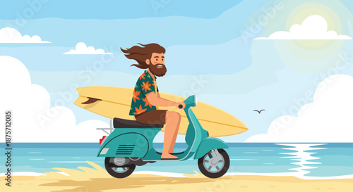 Happy bearded man rides a turquoise scooter along the beach with a yellow surfboard attached under a bright sunny sky.