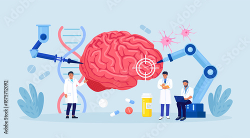 Neurosurgery robot operation. Surgeon controls robotic arms for brain surgery. Doctor analyzes digital brain with artificial intelligence. Innovation neuroscience, AI diagnosis and robotic surgery