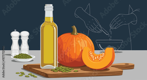 Cooking scene shows a whole pumpkin sliced pumpkin pumpkin seeds and a bottle of oil with hands seasoning a bowl in the background.