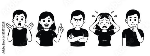 Human Emotions Vector Illustration, Diverse Facial Expressions in Black and White, Mood and Feeling Concept, Isolated Design.