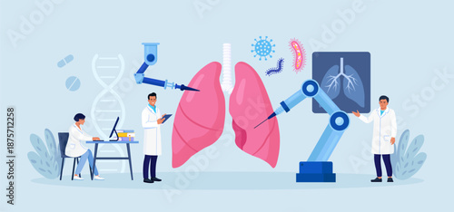 Robot arms operating healing lung. Robotic pulmonology surgery. Modern respiratory system treatment. Medical technologies innovation. Doctor treating Tuberculosis, pneumonia, bronchitis with AI